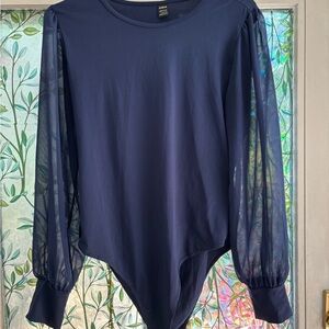 SHEIN Deep Blue Bodysuit with Sheer‎ Sleeves